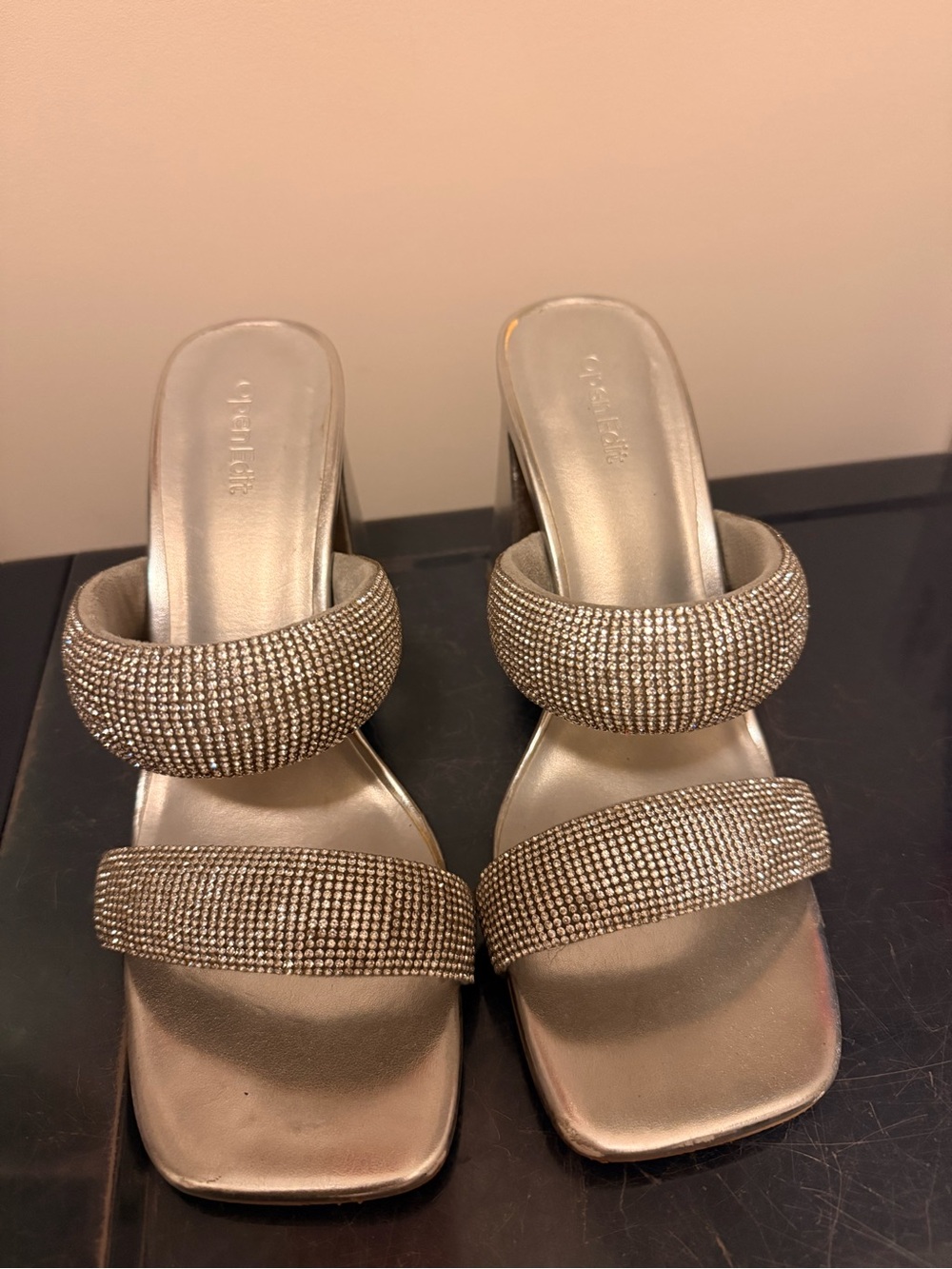 Crystal-Embellished Silver Slide Heels